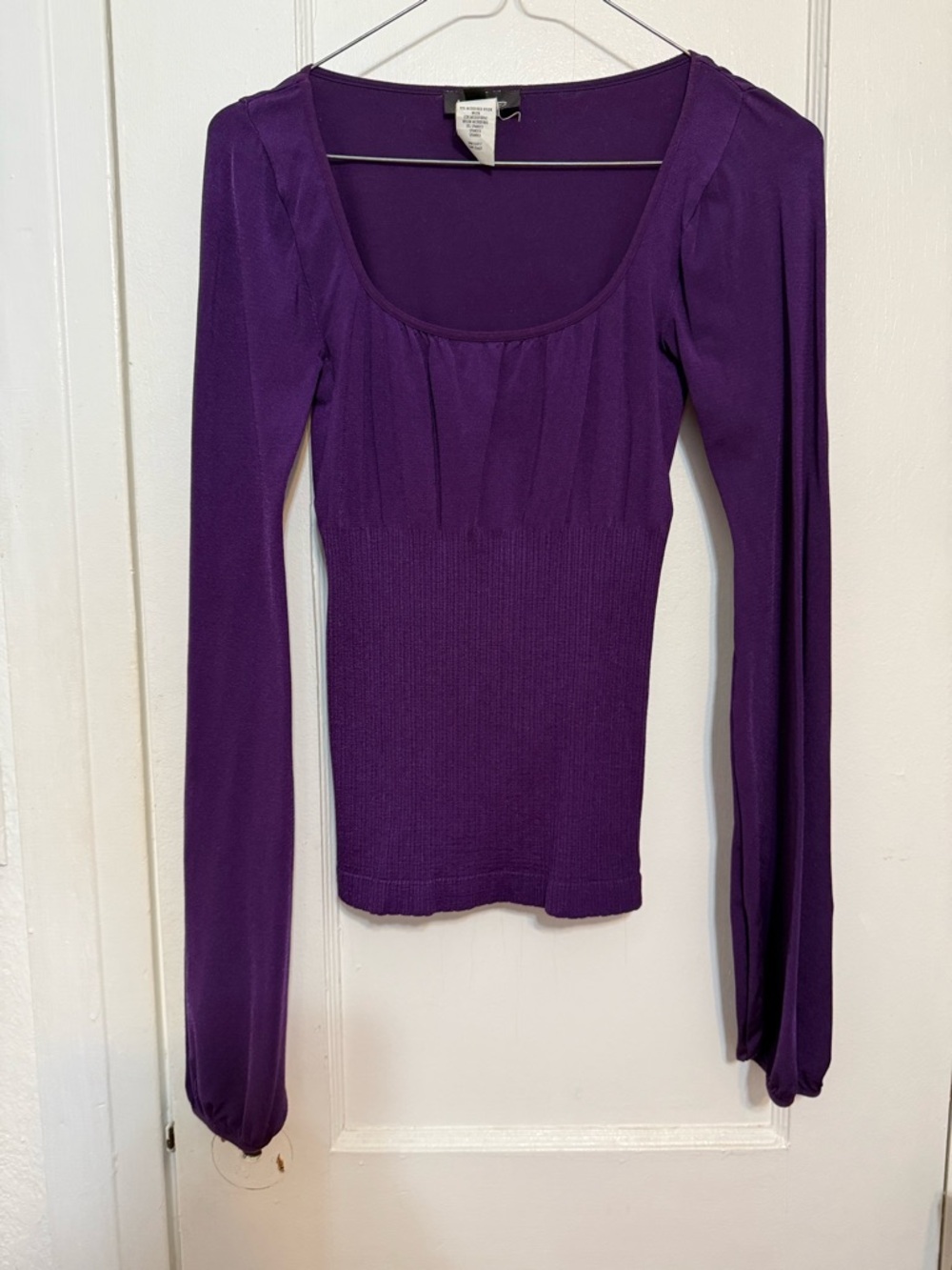 Women's Bebe Elegant Purple Scoop-neck Top with Balloon Elastic Sleeves Size P/S